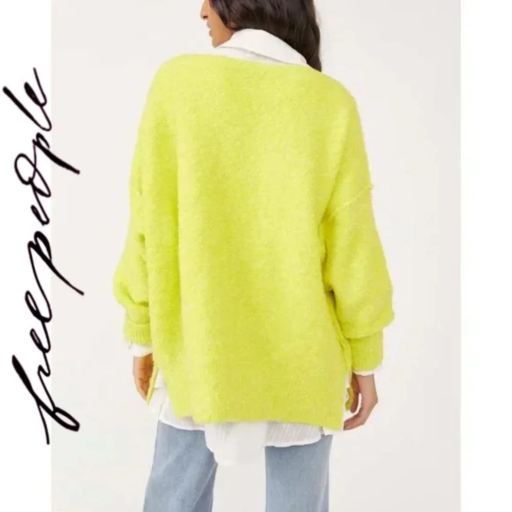 Free People Moira Slouchy Tunic Sweater in Citron Sun Combo Boucle Knit Large - Picture 2 of 12